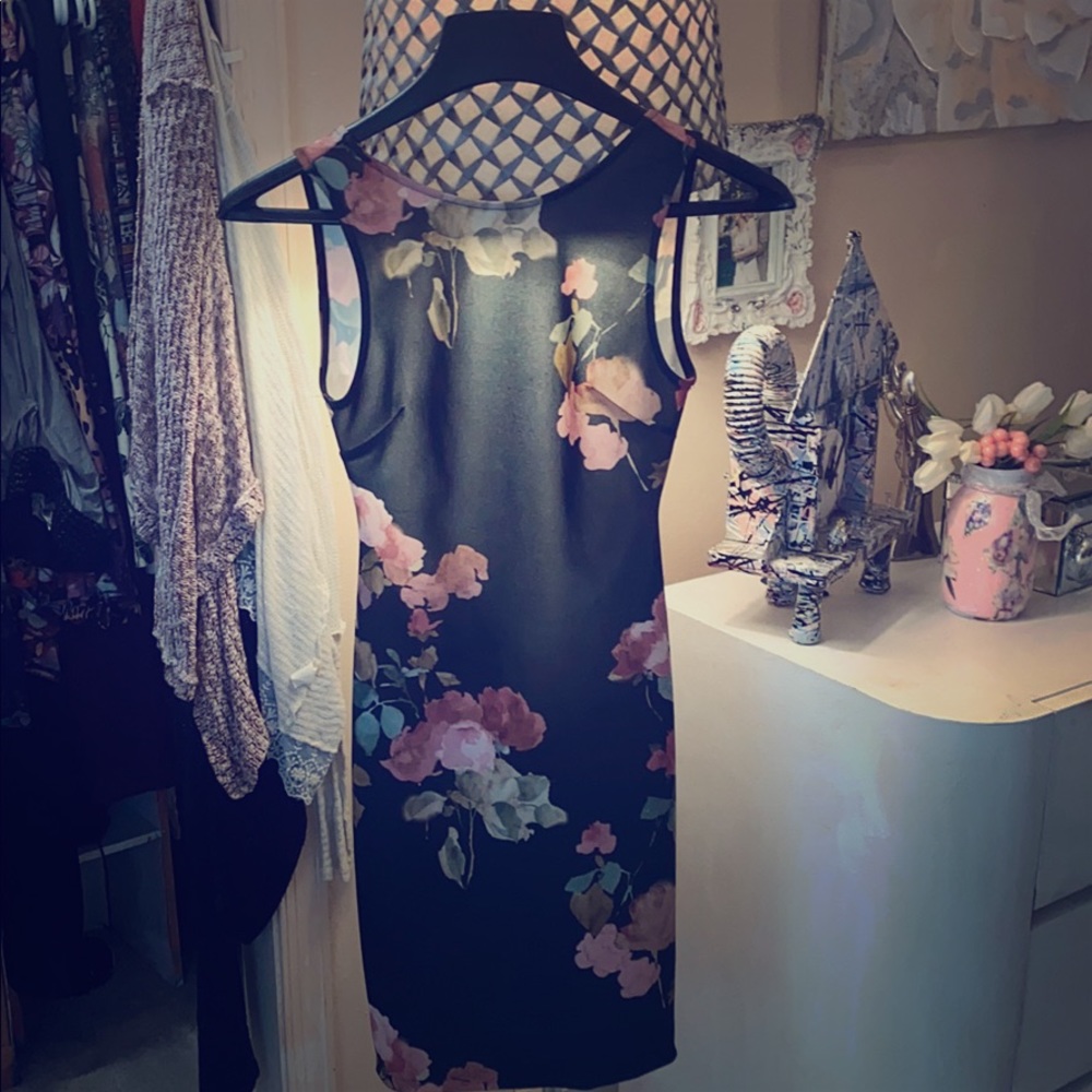 Black flowered low back midi dress
